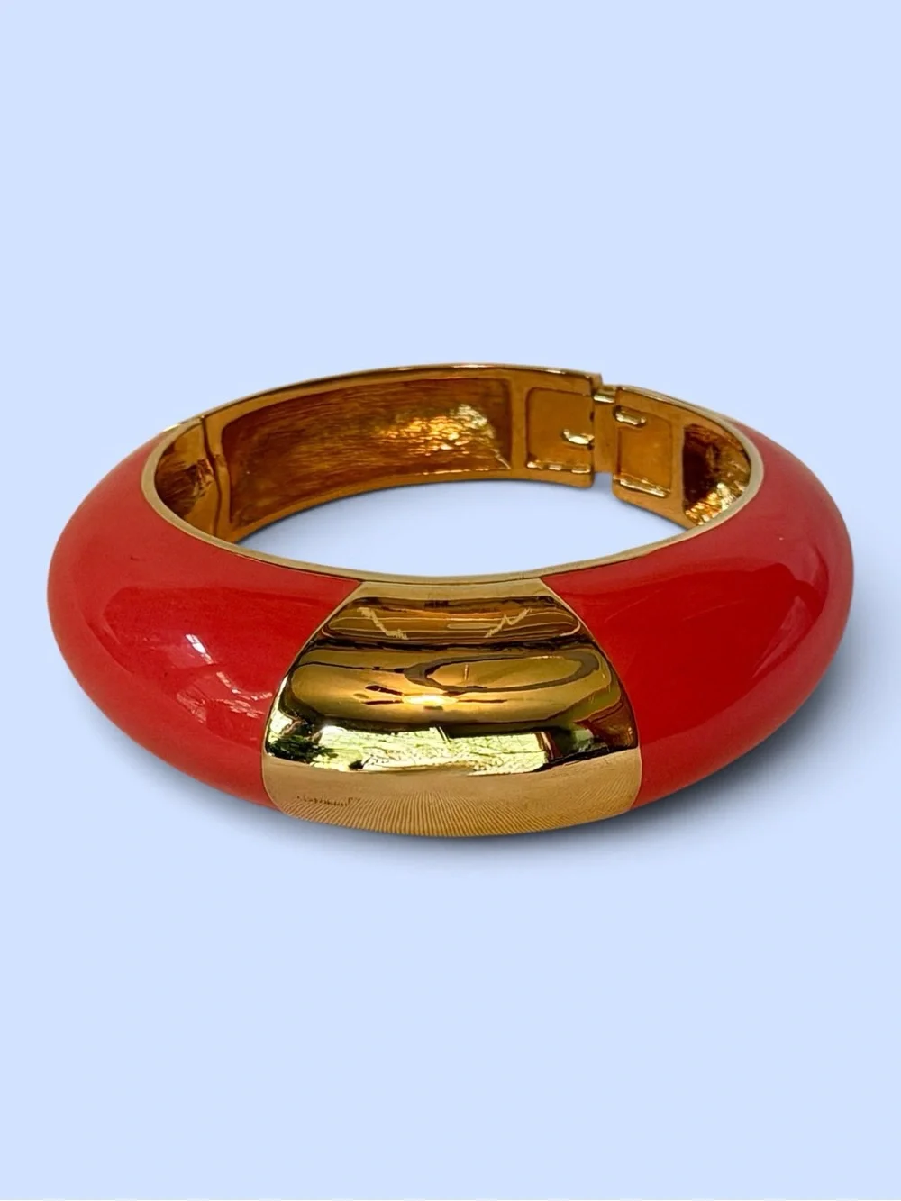 CC SKYE Coral Pink Enamel Gold Tone Hinged Statement Bangle Bracelet Marked